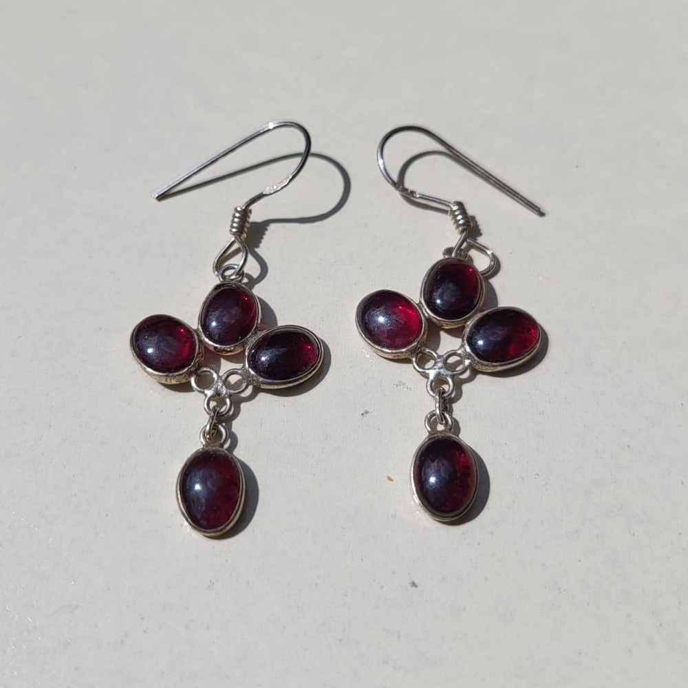 925 Sterling Silver Garnet Red Cross Dangle Earrings Vintage Boho